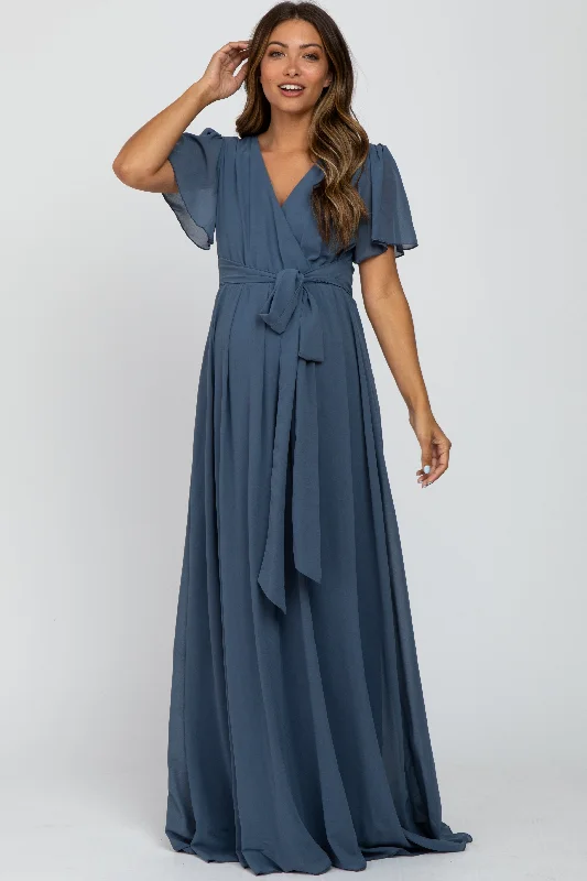 Blue Chiffon Short Sleeve Maternity Maxi Dress Trendy Short Sleeve Maxi Dress