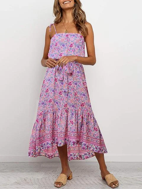 Bohemia Floral Print Maxi Dress Trendy Maxi Dress with Bow