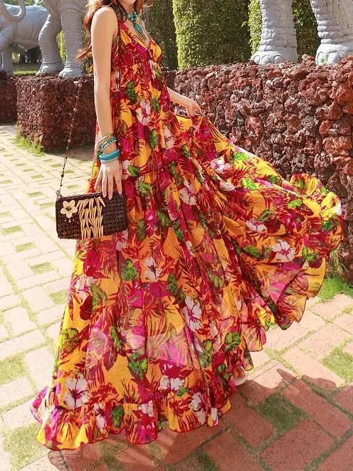 Bohemian Chiffon Dress Ladies Floral Printed Deep V-neck Sexy Spaghetti Strap Backless Summer Maxi Dress Casual Maxi Dress with Pockets