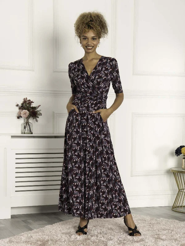 Calais Half Sleeve Maxi Dress, Navy Floral Stylish Empire Waist Maxi Dress