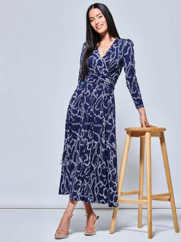 Chain Print Long Sleeve Maxi Dress, Navy Elegant Lace-Up Maxi Dress