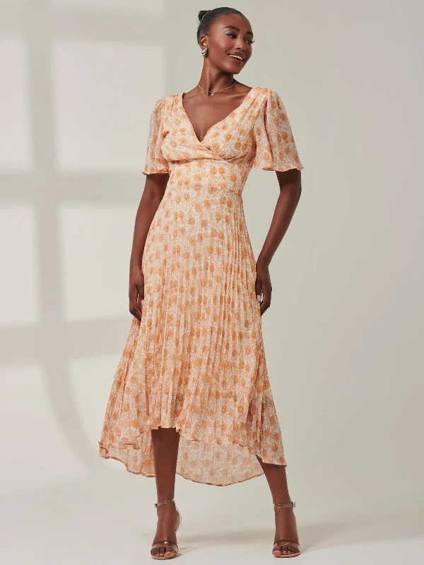 Chelsea Pleated Chiffon Dip Hem Maxi Dress, Orange Floral Classic Strapless Maxi Dress