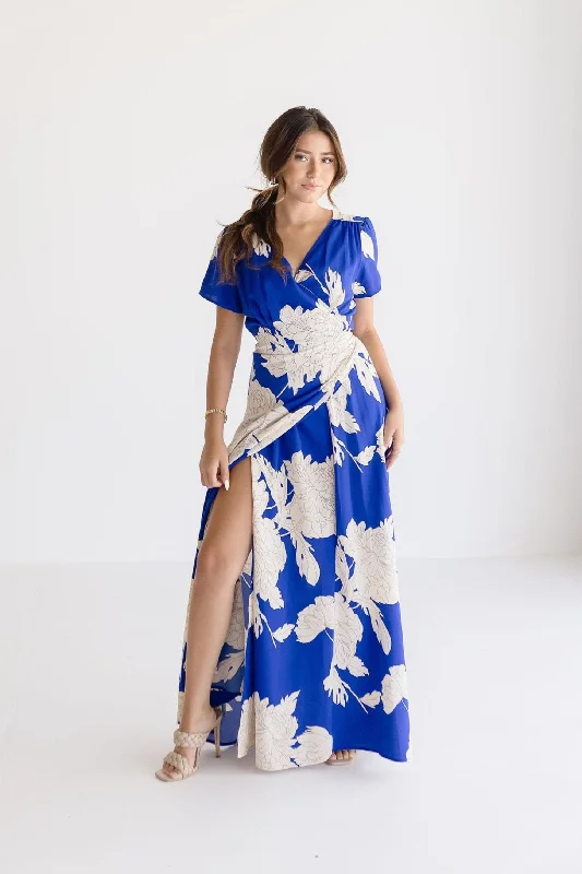 Cameron Short Sleeve Floral Print Wrap Maxi Dress Blue Classic A-Line Maxi Dress