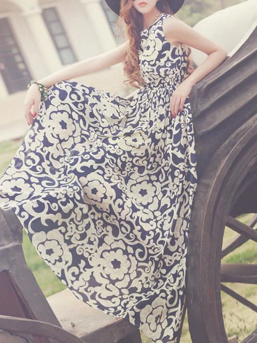 Chiffon Floral-Printed Sleeveless Round Neck Maxi Dress Stylish A-Line Maxi Dress