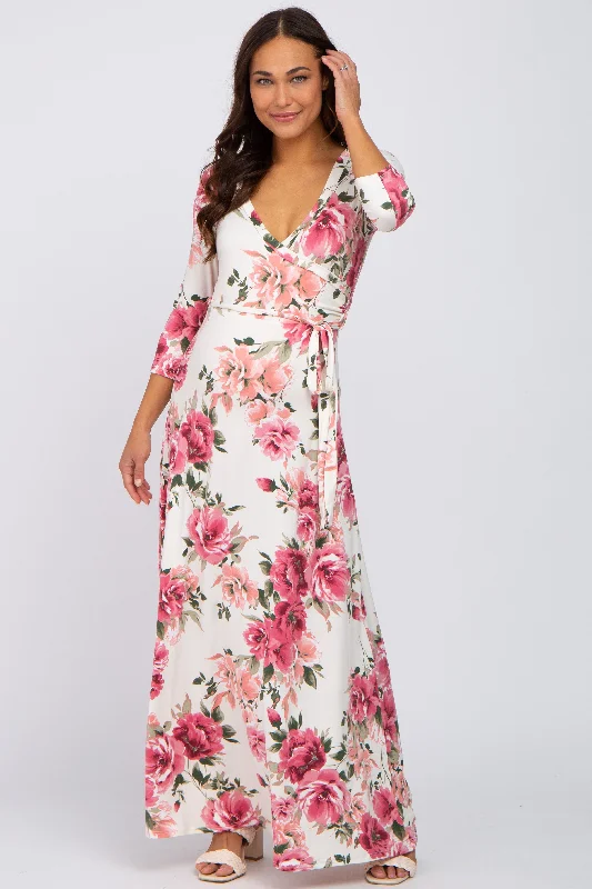 Cream Floral Maternity Wrap Maxi Dress Elegant Velvet Maxi Dress