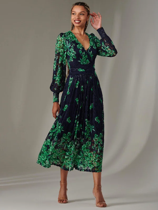 Dalia Symmetrical Print Lace Maxi Dress, Green Floral Elegant Velvet Maxi Dress