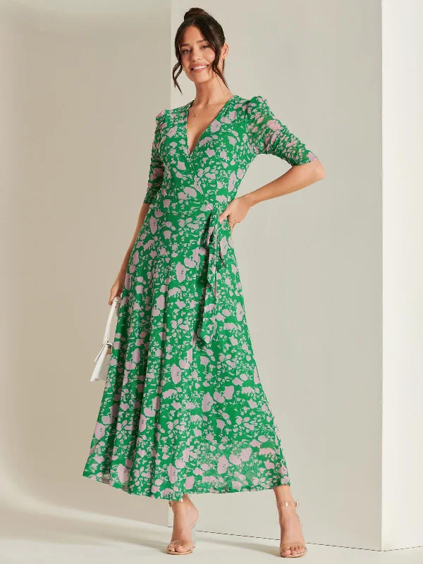 Daliyah Wrap Front Mesh Maxi Dress, Green Floral Comfortable Casual Maxi Dress