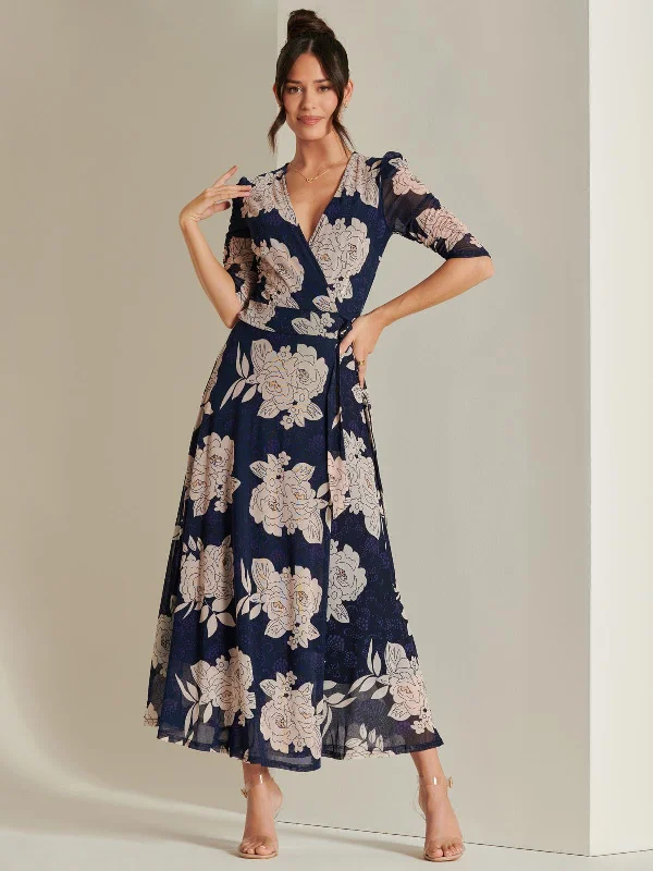 Daliyah Wrap Front Mesh Maxi Dress, Navy Floral Casual Maxi Dress with Pockets