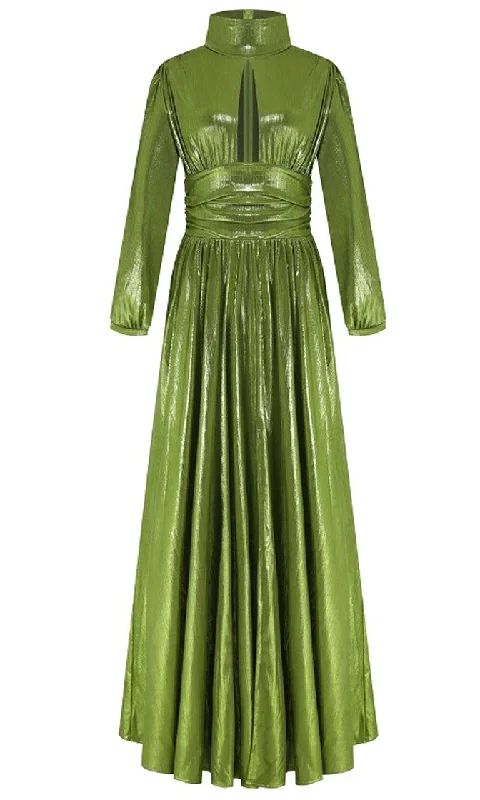 Dare To Rule Green Metallic Sequin Satin Ruched Long Lantern Sleeve High Mock Neck Cut Out Front Wrap High Slit A Line Maxi Dress Stylish Off-Shoulder Maxi Dress