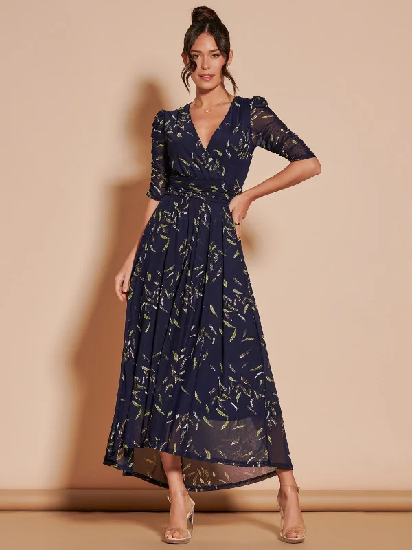 Dasha Ruched Sleeved Mesh Maxi Dress, Navy Leafy Fashionable High-Waist Maxi Dress