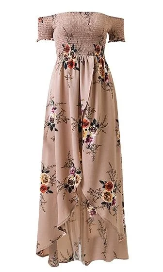 Daydream Diva Khaki Beige Floral Short Sleeve Smocked Off The Shoulder Cross Wrap High Low Maxi Dress Cozy Longline Maxi Dress