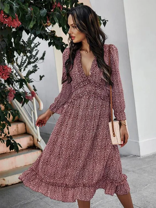 Deep V Neck Floral Long Sleeve Ruffle Hem Maxi Dress Chic Off-Shoulder Maxi Dress