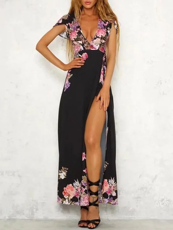 Deep V-neck Floral Split-side Maxi Dress Stylish Maxi Dress with Pleats