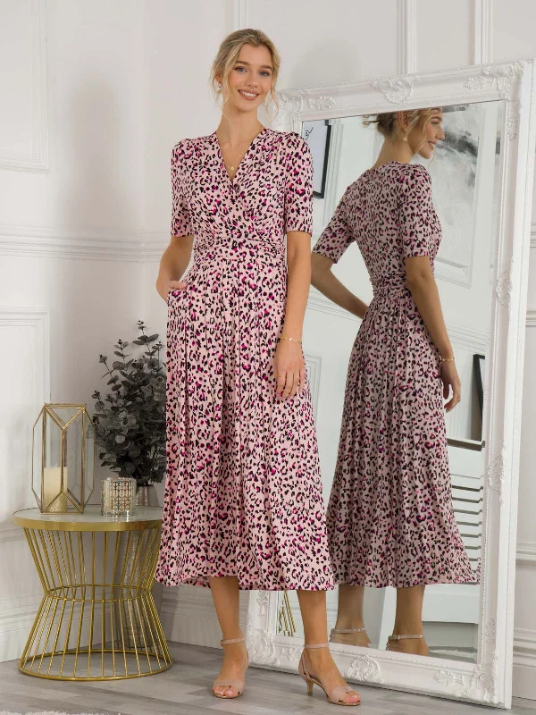 Denise Wrap Maxi Dress, Pink Animal Trendy V-Neck Maxi Dress