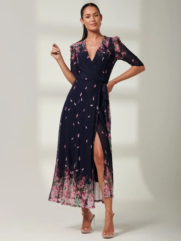 Elkana Mirrored Floral Mesh Maxi Dress, Navy Multi Fashionable Open-Back Maxi Dress