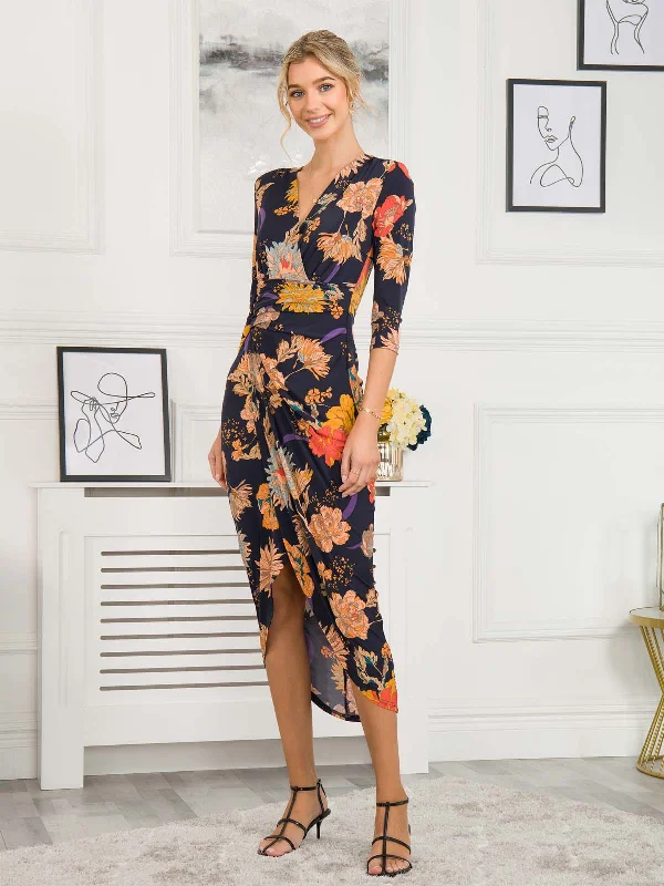 Ellen Draped Bodycon Maxi Dress, Navy Orange Floral Fashionable Chiffon Tiered Maxi Dress