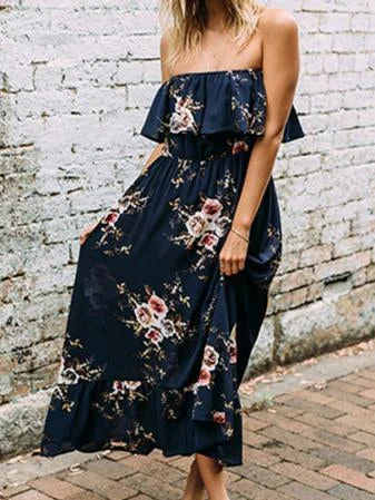 Fashion A-Line Strapless Ruffle Floral Printed Maxi Dress Comfortable Pleated Maxi Dress