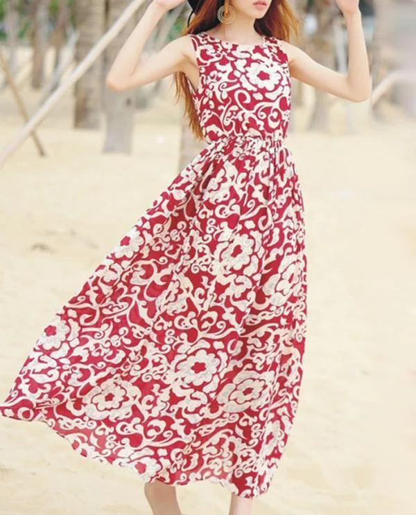 Fashion Bohemia Floral Thick Straps Sleeveless Maxi Dress Cozy Maxi Dress with Slit