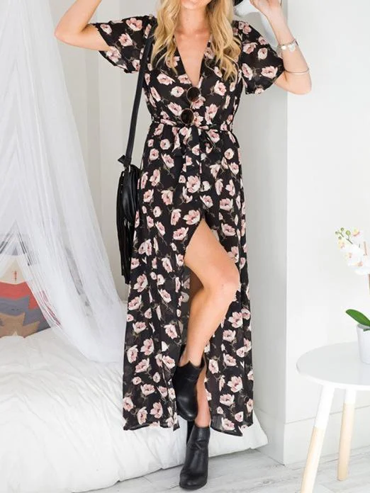 Fashion Floral Print V Neck Short Sleeve Split Belted Beach Maxi Dress Fashionable Faux Wrap Maxi Dress