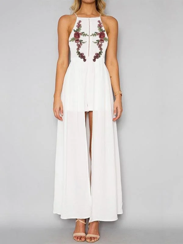 Fashion White Bohemia Floral Sleeveless Front Split Maxi Dress Elegant Maxi Dress with Lace