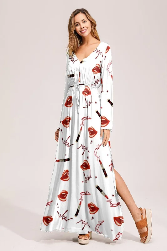 Floral Deep Long Sleeves Tie Back Ruffled Hem Maxi Dress Casual Maxi Dress with Pockets