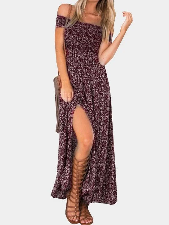 Floral Print Off Shoulder Splited Hem Maxi Dresses Comfortable T-Shirt Maxi Dress