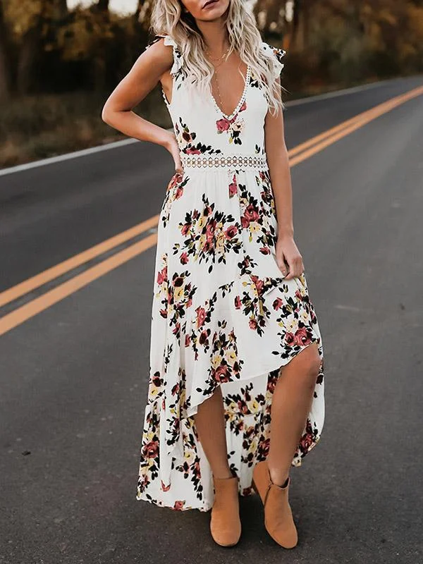 Floral Print V Neck Sleeveless High Waist Irregular Maxi Dress Chic Off-Shoulder Maxi Dress