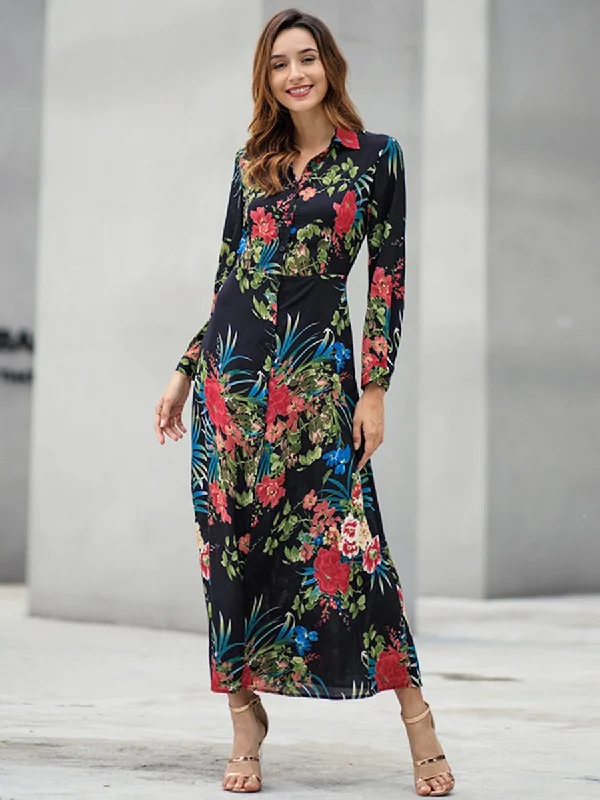 Floral Printed Long Sleeves Front Slit Maxi Dress Fashionable Sleeveless Maxi Dress