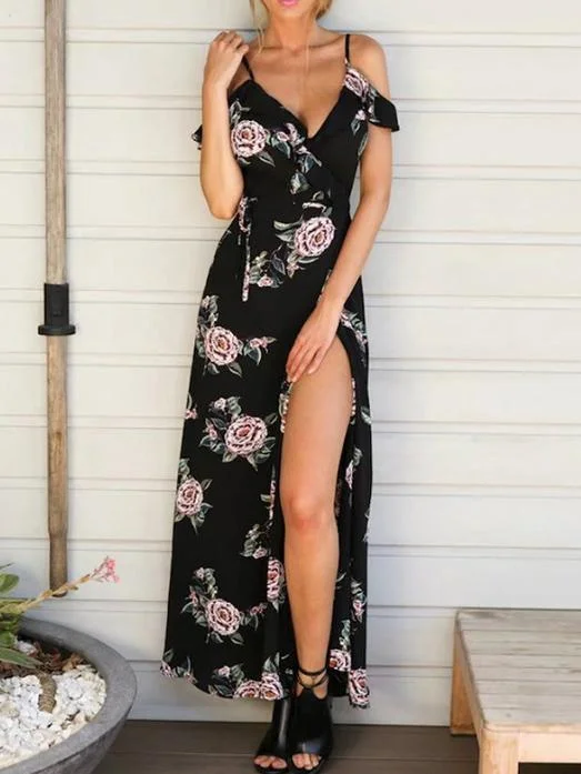 Floral Printed Spaghetti-neck Split-side Bohemia Maxi Dress Classic Tulle Maxi Dress