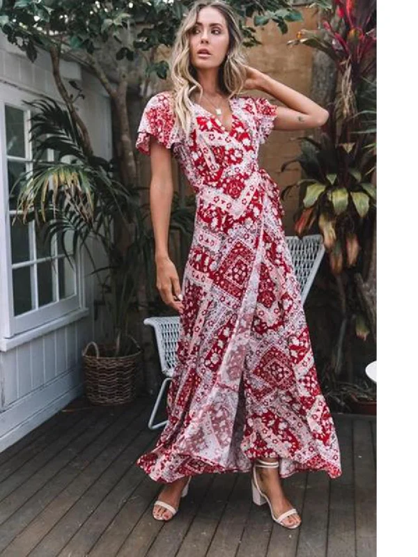 Floral V-neck Open Front Maxi Dress Fashionable Open-Back Maxi Dress