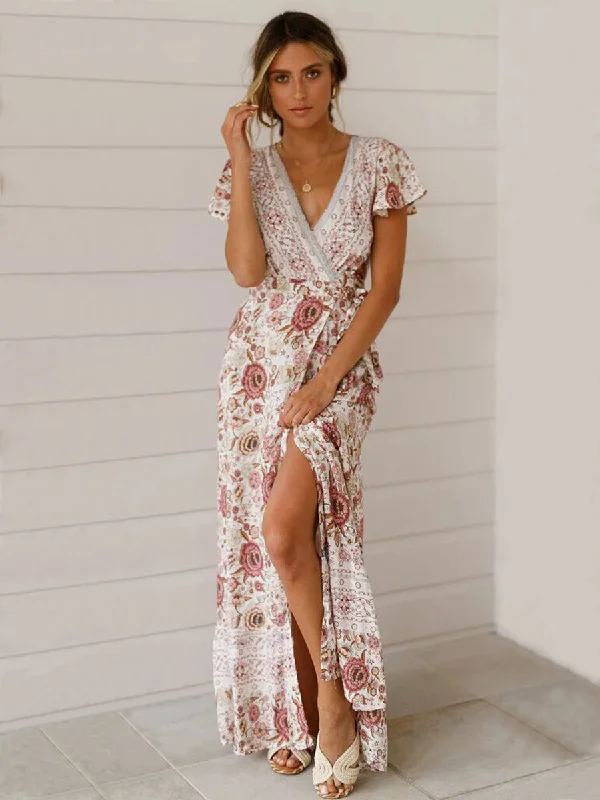 Floral V-neck Short Sleeve Maxi Dress Classic Solid Maxi Dress