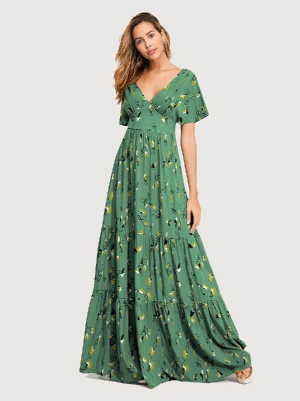 Floral V-neck Short Sleeves Maxi Dress Classic V-Neck Maxi Dress