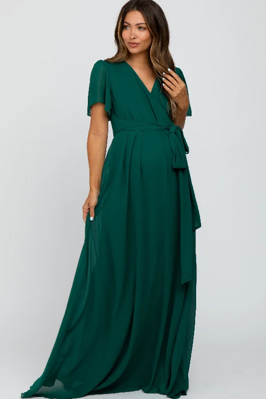 Forest Green Chiffon Short Sleeve Maternity Maxi Dress Stylish Boho Chic Maxi Dress