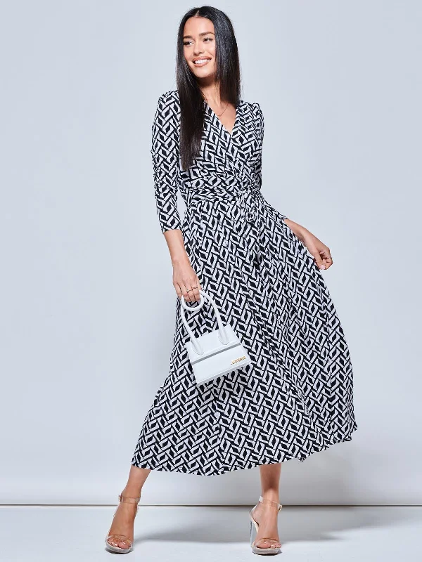 Geometric Print Long Sleeve Maxi Dress, Black Geo Trendy A-Line Maxi Dress