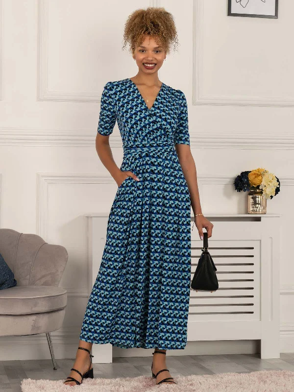 Georgia Geometric Jersey Maxi Dress, Blue Stylish Maxi Dress with Frills