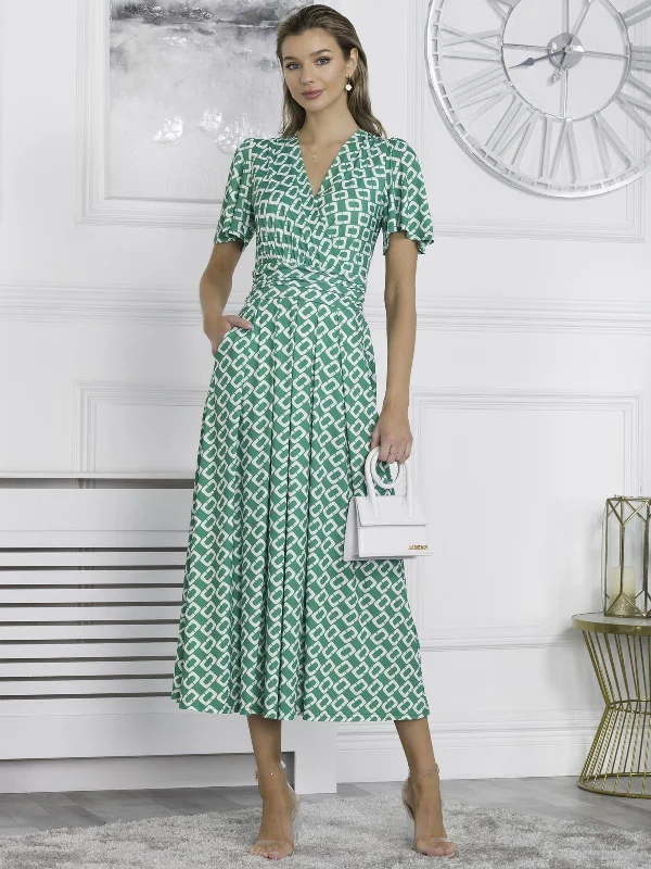 Halley Angel Sleeve Jersey Maxi Dress, Green Geometric Trendy Button Front Maxi Dress