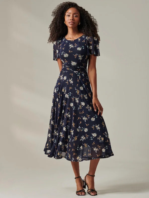 Harlie Floral Mesh Maxi Dress, Navy Floral Fashionable Asymmetrical Maxi Dress