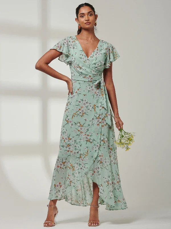 Haylie Frill Chiffon Maxi Dress, Green Floral Comfortable Maxi Dress with Sleeves