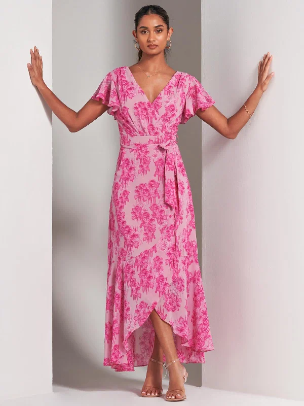 Haylie Frill Chiffon Maxi Dress, Pink Floral Cozy Maxi Dress with Slit