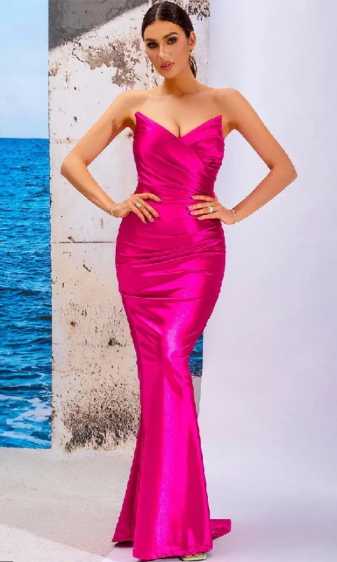 Hollywood Legend <br><span>Pink Satin Strapless Cross Wrap V Neck Draped Slim Column Maxi Dress</span> Comfortable Fit-and-Flare Maxi Dress