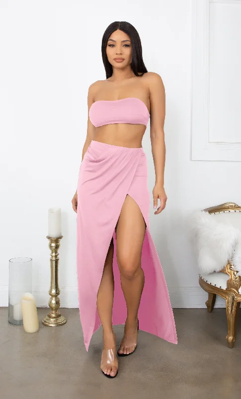 Inner Love Pink Crop Top Bandeau Strapless Slit Wrap Skirt Two Piece Maxi Dress Set Comfortable Ruffle Hem Maxi Dress