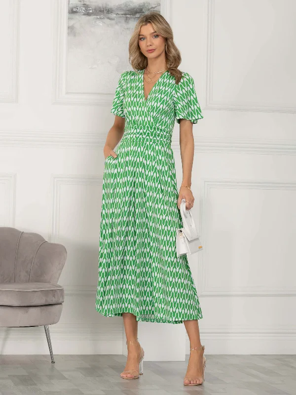 Jaylynn Flare Sleeve Jersey Maxi Dress, Green Geometric Elegant Maxi Dress with Slit