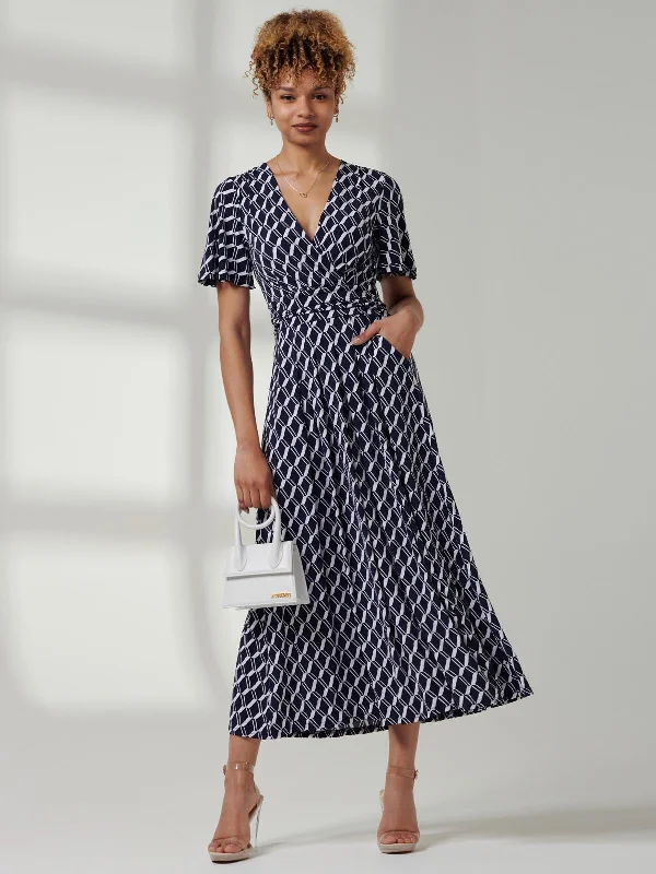 Jaylynn Flare Sleeve Jersey Maxi Dress, Navy Geo Comfortable Flowy Maxi Dress