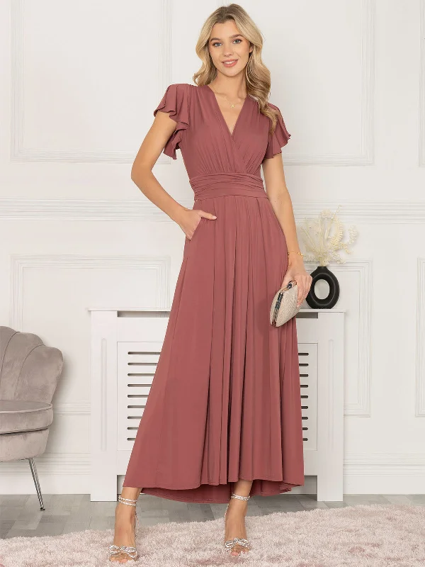 Jolie Moi Airene Cap Sleeve Maxi Dress, Cabernet Red Comfortable Maxi Dress with Sleeves