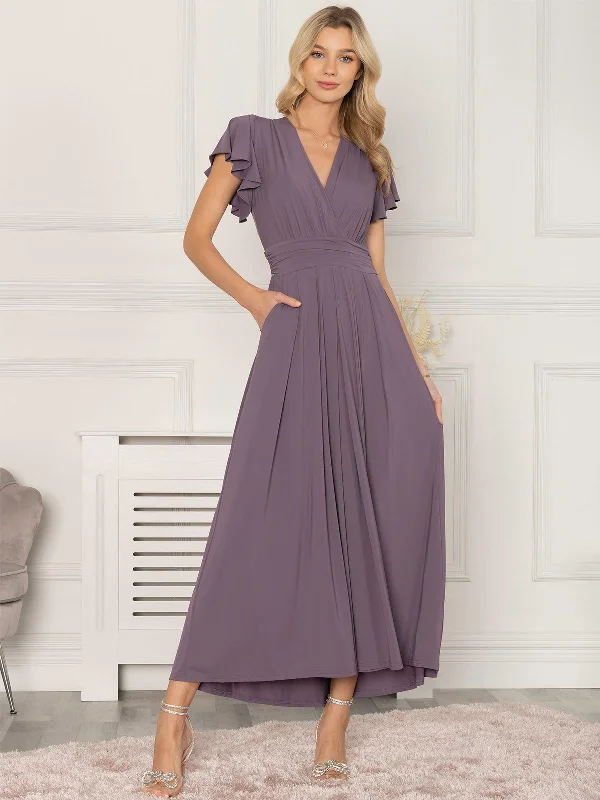 Jolie Moi Airene Cap Sleeve Maxi Dress, Mauve Purple Trendy Maxi Dress with Lace