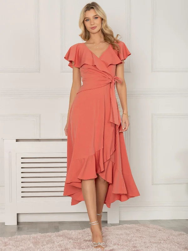 Jolie Moi Alleigh Frill Maxi Dress, Rusty Red Fashionable Chiffon Maxi Dress