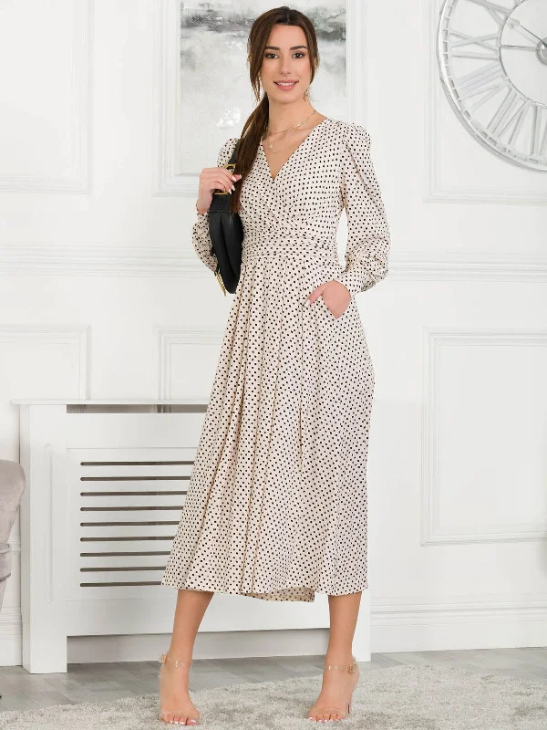 Jolie Moi Allyn Long Sleeved Maxi Dress, Cream Polka Dot Comfortable Maxi Dress with Belt