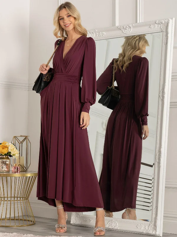 Jolie Moi Callisto Long Sleeve Maxi Dress, Burgundy Elegant Silk Maxi Dress