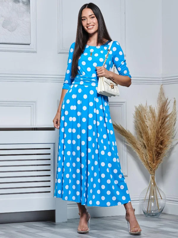 Jolie Moi Deasia Polka Dot Print Maxi Dress, Blue Polka Elegant Tiered Maxi Dress