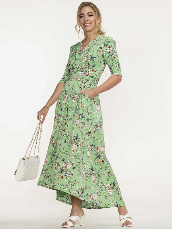 Jolie Moi Elenora Ruched Sleeve Maxi Dress, Green Floral Cozy Ribbed Maxi Dress